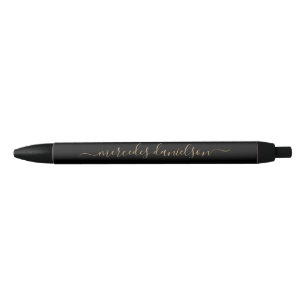 Bolígrafo De Tinta Negra Monograma floral con letra negra y dorada chic