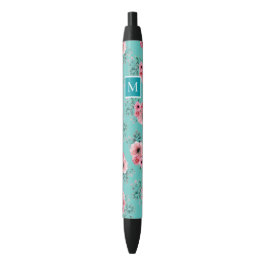 Bolígrafo De Tinta Negra Monograma floral verde y rosa | Verde teñido