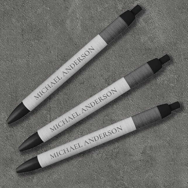 Bolígrafo De Tinta Negra Monograma Metalizado cepillado de plata moderno (Sophisticated silver and grey brushed metal pens. Personalize them with your name!)