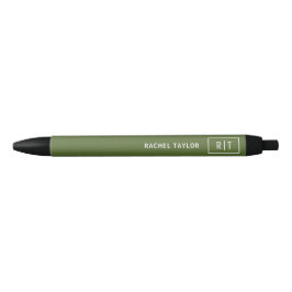Bolígrafo De Tinta Negra Monograma moderno simple de olivo oscuro
