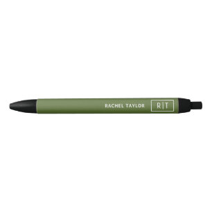 Bolígrafo De Tinta Negra Monograma moderno simple de olivo oscuro