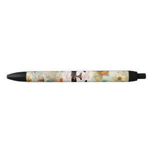 Bolígrafo De Tinta Negra Monograma nombre en flores de acuarela vintage