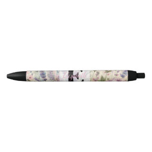 Bolígrafo De Tinta Negra Monograma nombre en flores de acuarela vintage