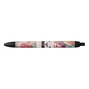 Bolígrafo De Tinta Negra Monograma nombre en flores de acuarela vintage