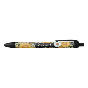 Bolígrafo De Tinta Negra Monograma Patrón de girasol floral
