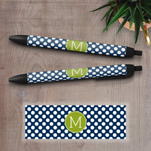 Bolígrafo De Tinta Negra Monograma Personalizado de puntos de polka verde a