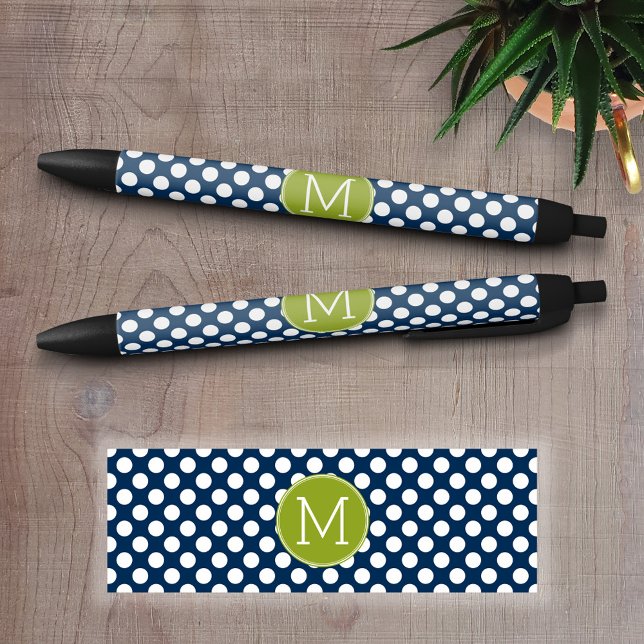 Bolígrafo De Tinta Negra Monograma Personalizado de puntos de polka verde a (Personalized writing pen - Add a Photo and Text)