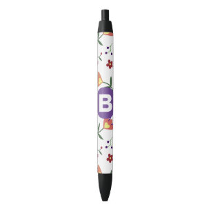 Bolígrafo De Tinta Negra Monograma púrpura floral moderno y colorido