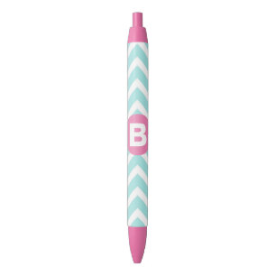 Bolígrafo De Tinta Negra Monograma rosa chevron azul claro de moda