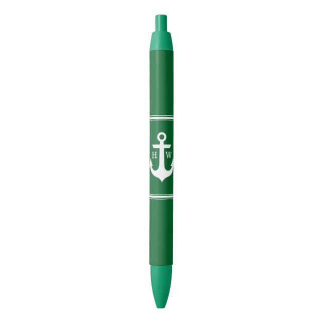 Bolígrafo De Tinta Negra Monogramado de ancla verde (Frente vertical)