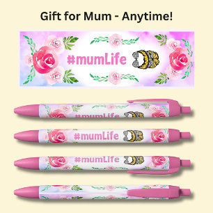 Bolígrafo De Tinta Negra #mumLife, vida de Mamá, flores rosas,