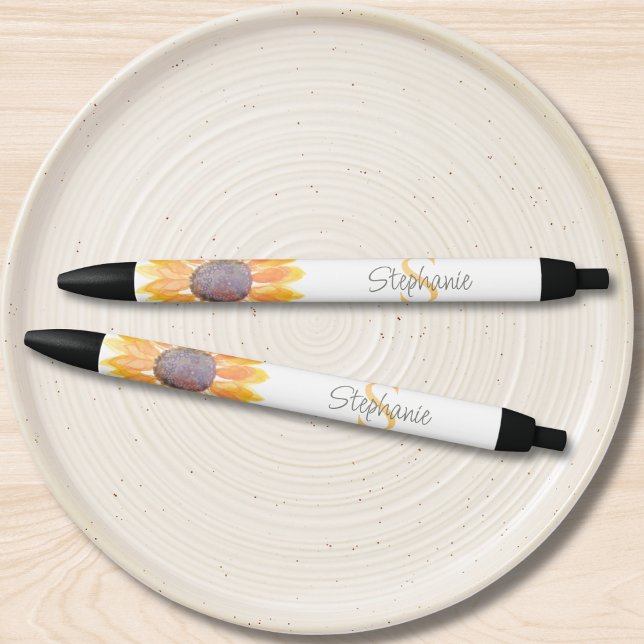 Bolígrafo De Tinta Negra Name Monogram Yellow Sunflower (Subido por el creador)