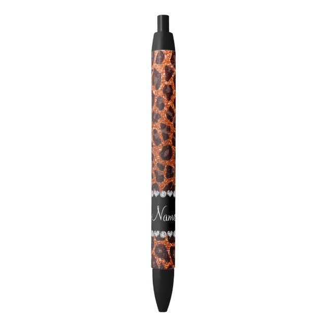 Bolígrafo De Tinta Negra Naranja de nombre personalizado purpurina leopardo (Frente vertical)