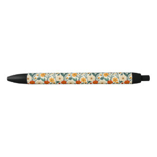 Bolígrafo De Tinta Negra Naranja Russet y Cream Floral
