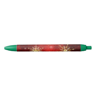 Bolígrafo De Tinta Negra Navidades Copos de nieve dorados con fondo rojo
