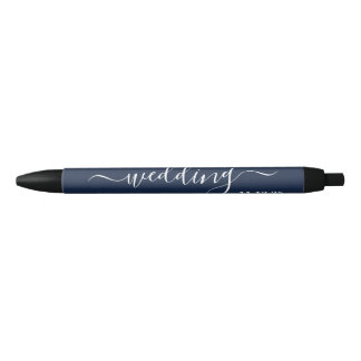 Bolígrafo De Tinta Negra Navy Blue & White Simple Script Wedding Favor