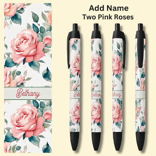 Bolígrafo De Tinta Negra Nombre 2 Flor de rosas rosadas Florales