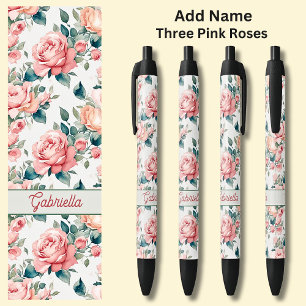 Bolígrafo De Tinta Negra Nombre 3 Flor de rosas rosadas Flores Florales