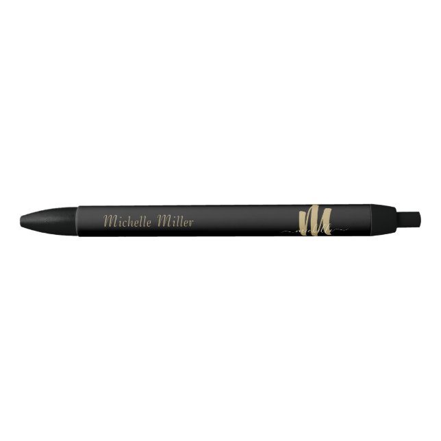 Bolígrafo De Tinta Negra nombre comercial inicial del monograma dorado negr (Anverso)