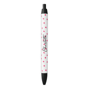 Bolígrafo De Tinta Negra Nombre de monograma de guión de corazones rosados 