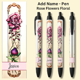 Bolígrafo De Tinta Negra Nombre Flores de Rosa floral rosa y crema