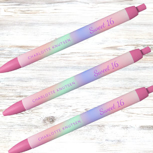 Bolígrafo De Tinta Negra Nombre holográfico rosa morado Sweet 16
