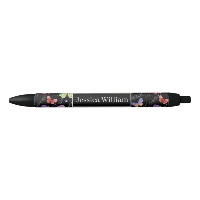 Bolígrafo De Tinta Negra Nombre personal Elegante Morado Brillante Mariposa (Anverso)