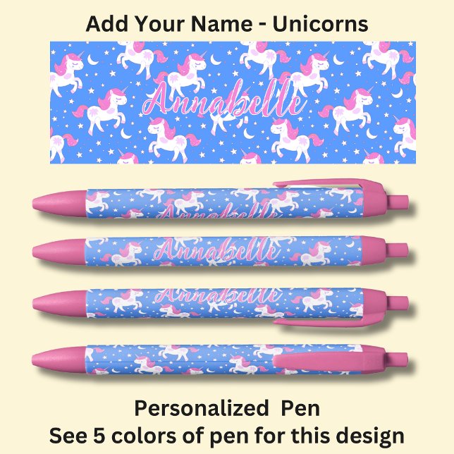 Bolígrafo De Tinta Negra Nombre personalizado, azul con unicornios blancos  (Subido por el creador)