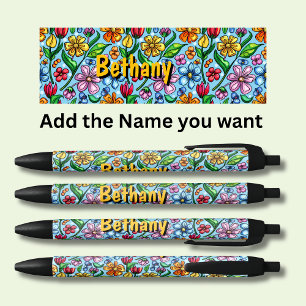 Bolígrafo De Tinta Negra Nombre personalizado Damas Flores Florales Florale