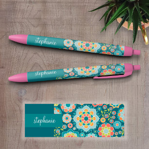 Bolígrafo De Tinta Negra Nombre personalizado del patrón floral de verano 