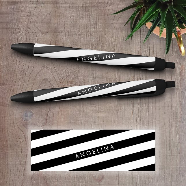 Bolígrafo De Tinta Negra Nombre personalizado del patrón rayado negro y bla (Personalized Writing Pens - add your name, monogram or other text)