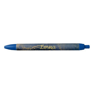 Bolígrafo De Tinta Negra Nombre Personalizado Dorado Marble Azul Swirl