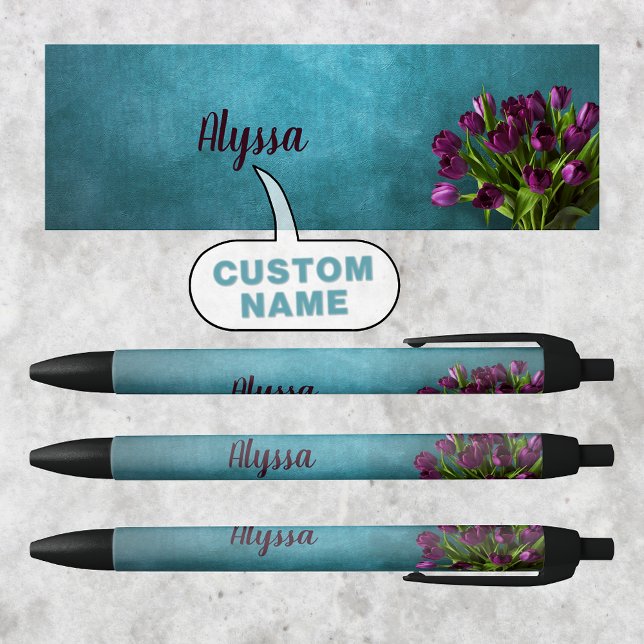 Bolígrafo De Tinta Negra Nombre personalizado elegante Tulips Pen (Bloom in Style: Personalized Tulips Pen 🌷)
