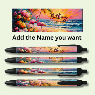 Bolígrafo De Tinta Negra Nombre personalizado, flamencos en la playa