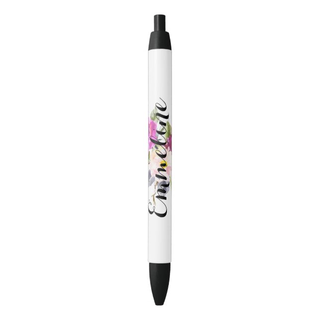 Bolígrafo De Tinta Negra Nombre personalizado Floral acuarela (Frente vertical)