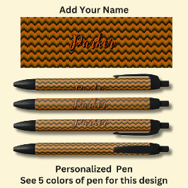 Bolígrafo De Tinta Negra Nombre personalizado, Naranja Brown Chevron Zig Za