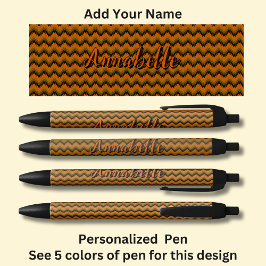 Bolígrafo De Tinta Negra Nombre personalizado, Naranja Brown Chevron Zig Za