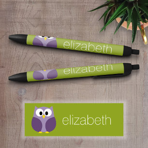 Bolígrafo De Tinta Negra Nombre personalizado púrpura y pistachio de búho