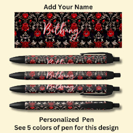 Bolígrafo De Tinta Negra Nombre personalizado, rosas rojas en negro