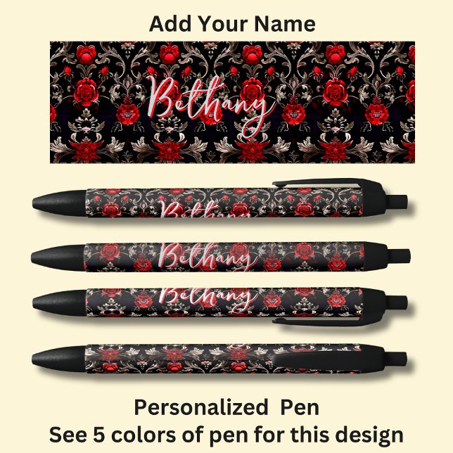 Bolígrafo De Tinta Negra Nombre personalizado, rosas rojas en negro (Subido por el creador)