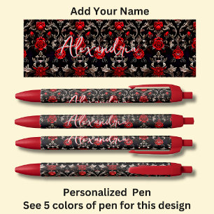 Bolígrafo De Tinta Negra Nombre personalizado, rosas rojas en rojo