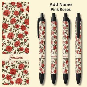 Bolígrafo De Tinta Negra Nombre rosas rojas en crema