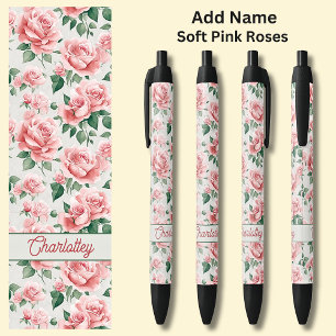Bolígrafo De Tinta Negra Nombre Roses rosados Flores Florales