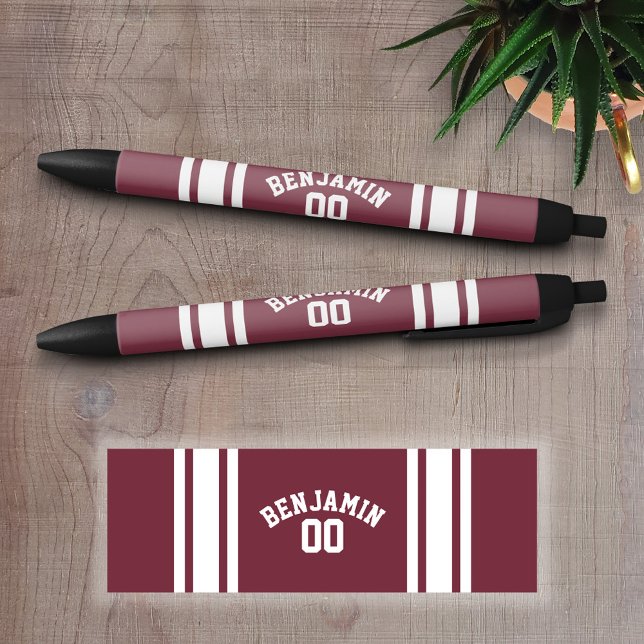 Bolígrafo De Tinta Negra Número de nombre personalizado de franjas maroon y (Personalized Writing Pens - add your name, monogram or other text)