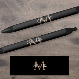 Bolígrafo De Tinta Negra Oro Negro Monograma Elegante Escritura Estilosa