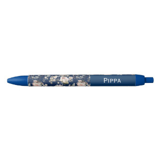 Bolígrafo De Tinta Negra Pájaro en Flor de Flores Azul Marino Nombre Person