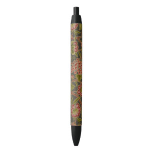 Bolígrafo De Tinta Negra Patrón Botánico Antiguo de Flores Rojas y Uvas