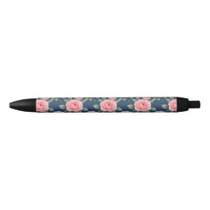Bolígrafo De Tinta Negra Patrón botánico de rosas rosadas exuberantes