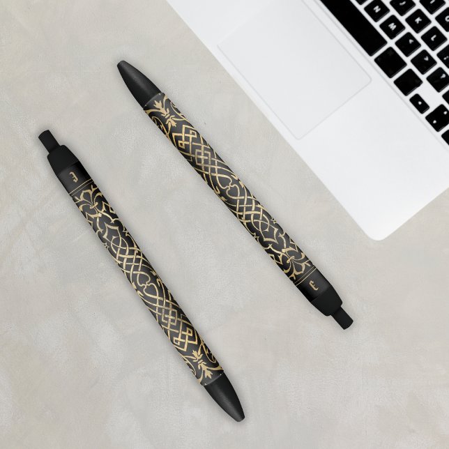 Bolígrafo De Tinta Negra Patrón celta elegante Monograma dorado negro Inici (Elegant Celtic Pattern Black Gold Monogram Initial Pen
)