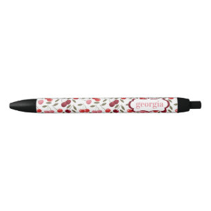 Bolígrafo De Tinta Negra Patrón de cereza rosa roja dulce   Monograma